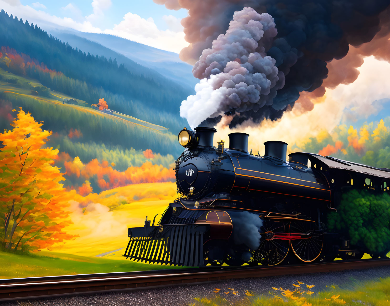 Vintage steam locomotive in vibrant autumn landscape