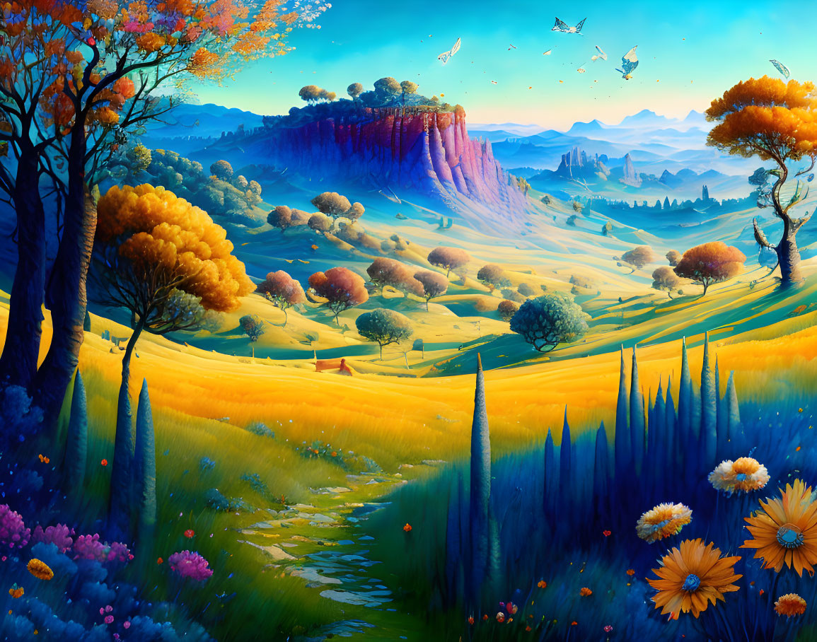 Colorful Mesa and Lush Landscape with Birds in Clear Blue Sky