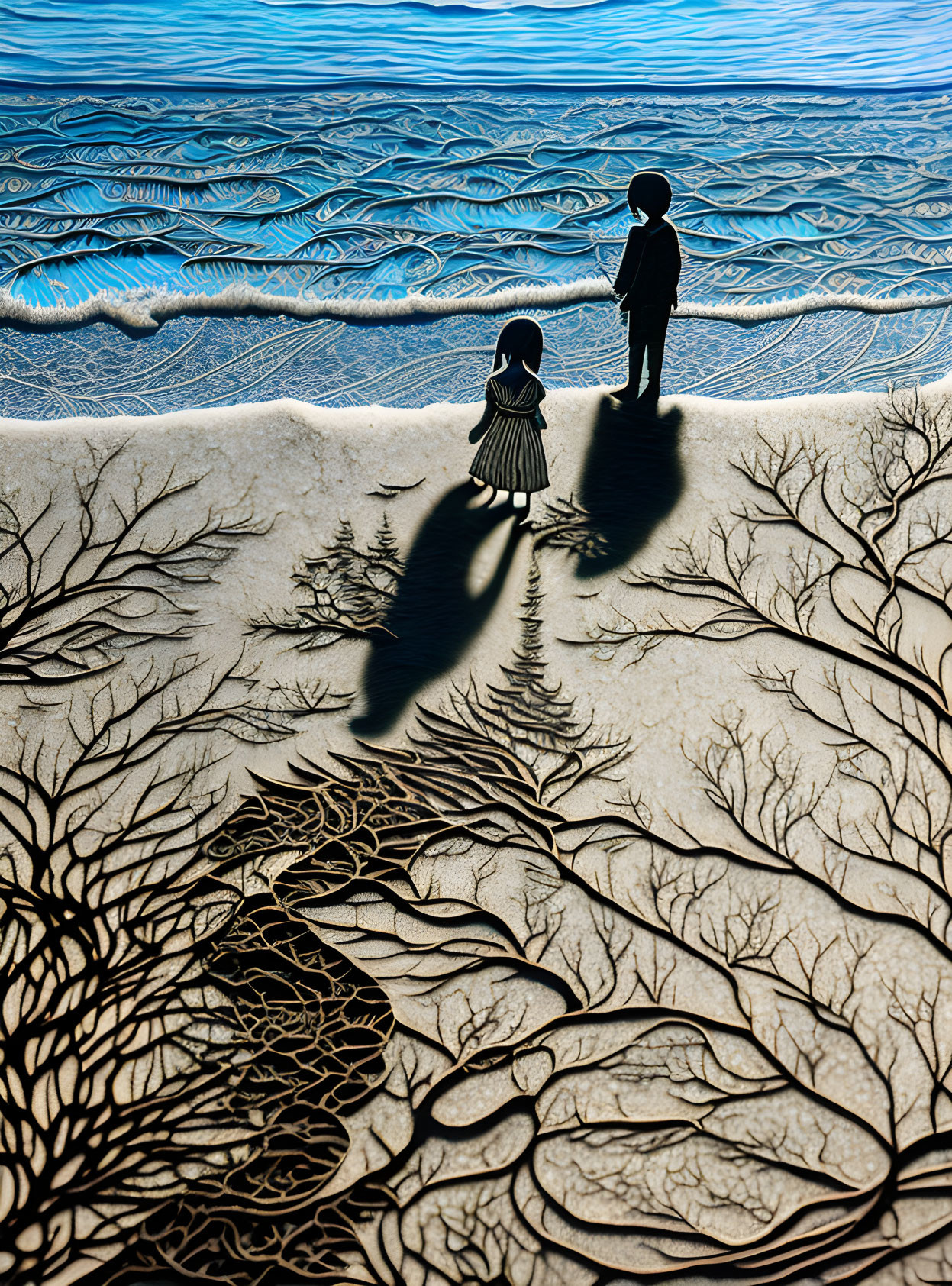 Silhouetted figures on beach with tree-shadow patterns and blue ocean.