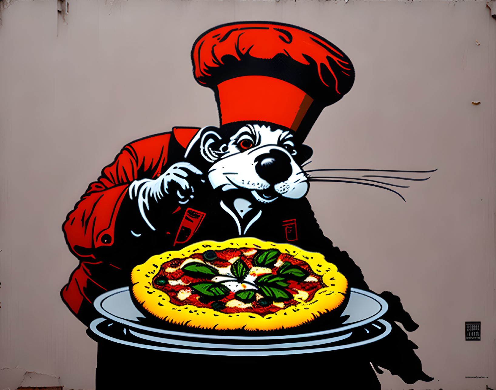 Anthropomorphic rat chef presenting pizza in red uniform.