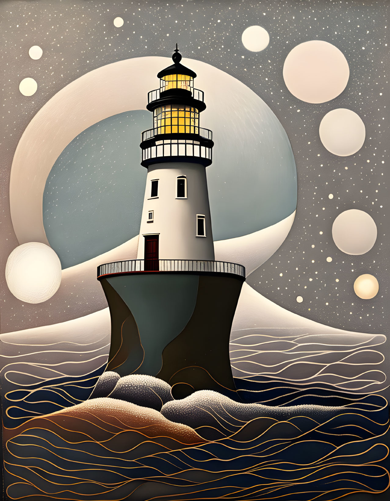 Stylized lighthouse illustration on rocky terrain with multiple moons