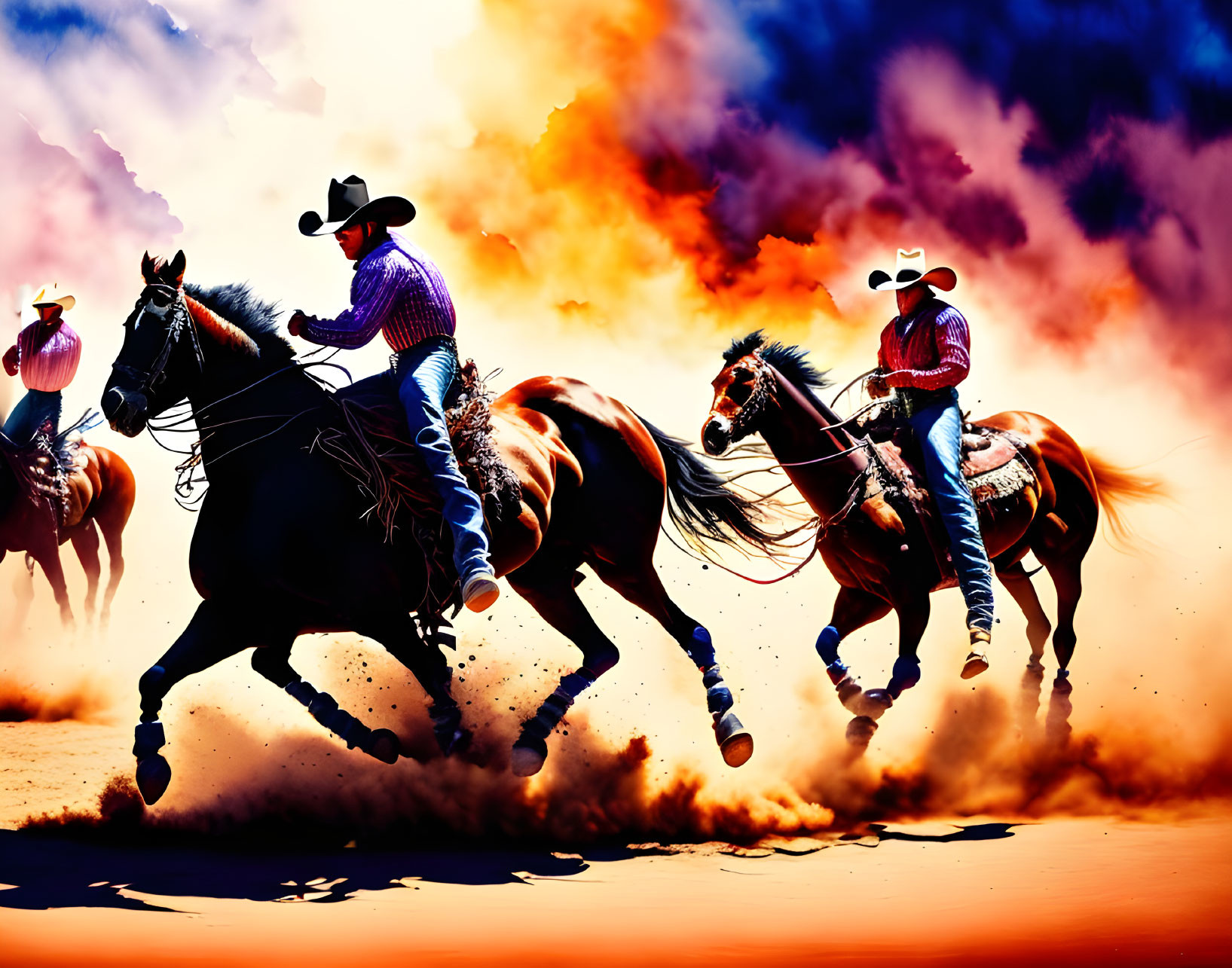 Cowboys on horses under fiery sky.