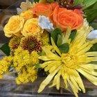 Colorful Flower Bouquet in Blue-Striped Vase Watercolor Painting