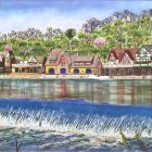 Tranquil watercolor painting of riverbank with waterfall and charming houses
