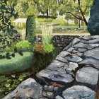 Tranquil countryside landscape with stone bridge, stream, trees, meandering path, and vibrant flora