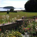 Vibrant Garden with Flowers and Tranquil Water View