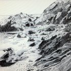 Rocky coastline illustration: Waves, boulders, cliff, cloudy sky