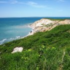 Colorful coastal landscape painting with green hills, sandy beach, and layered cliffs under a blue sky.