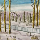 Winter Watercolor Painting of Bare Trees, Wooden Fence, and Snow-covered Ground