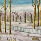 Snowy forest painting: Winter landscape with bare and evergreen trees, small stream, falling snowfl