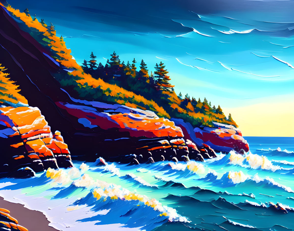 Digital art: Rocky coastline with crashing waves, blue sky, clouds, and cliff-edge trees.