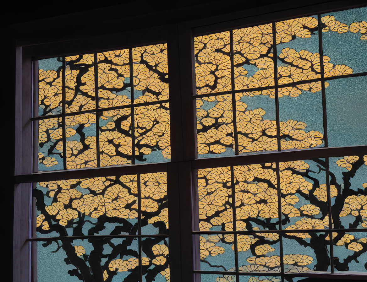 Yellow and Black Tree Pattern Stained Glass Window with Blue Background