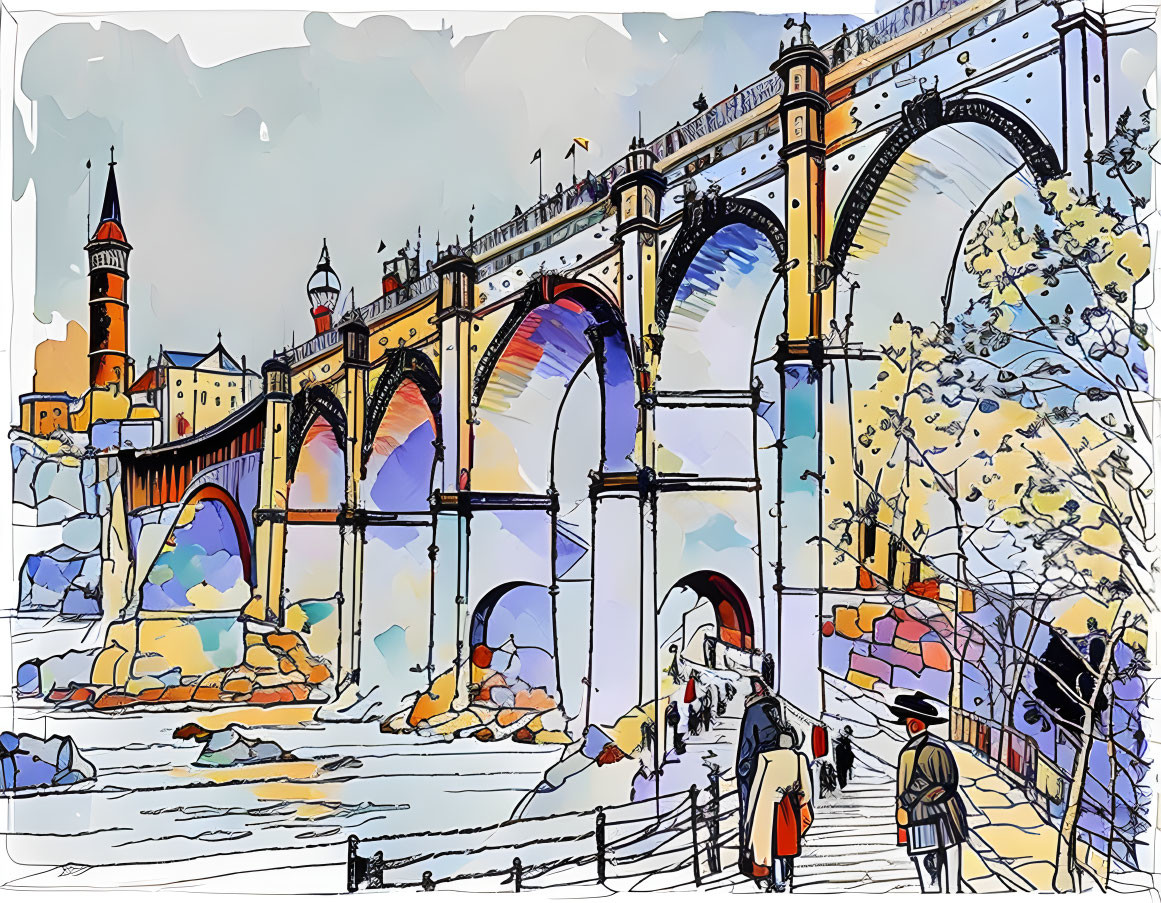 Vibrant illustration of grand bridge over river with historic buildings