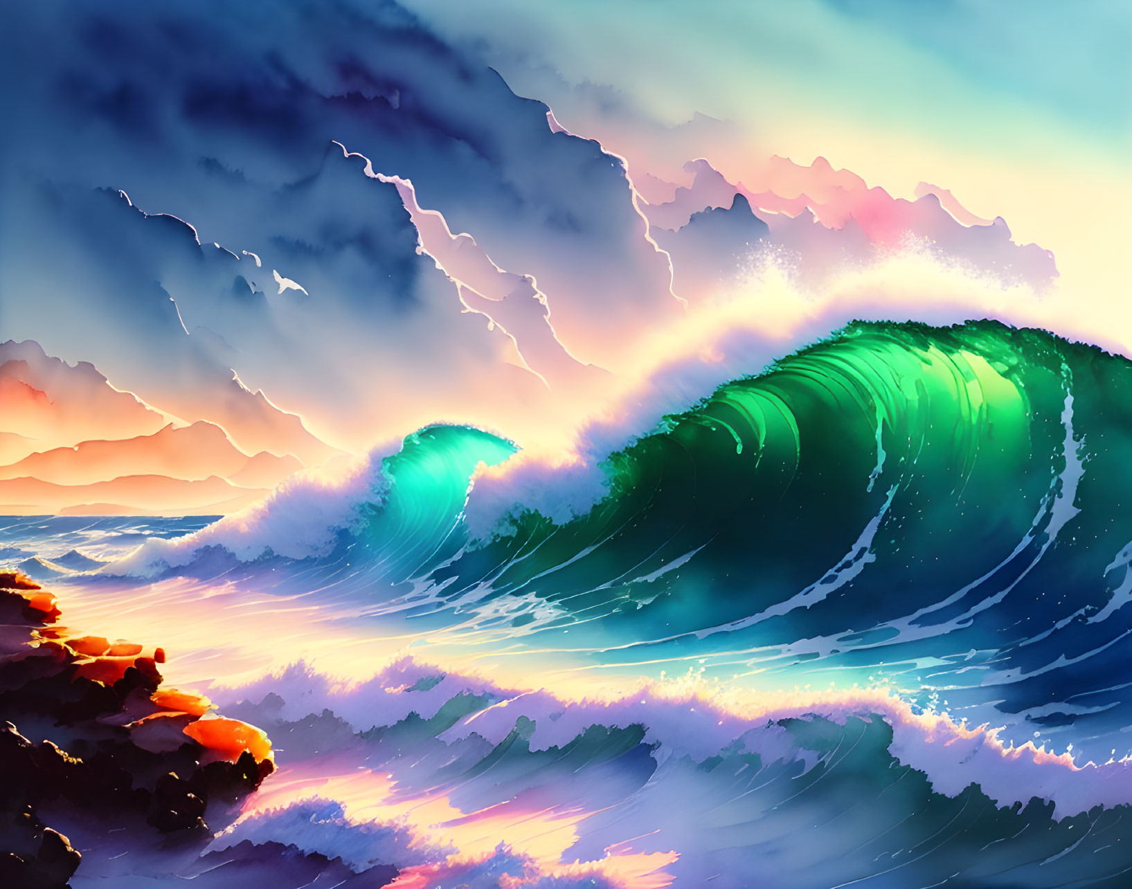 Colorful Digital Artwork: Luminous Wave Under Dramatic Sky