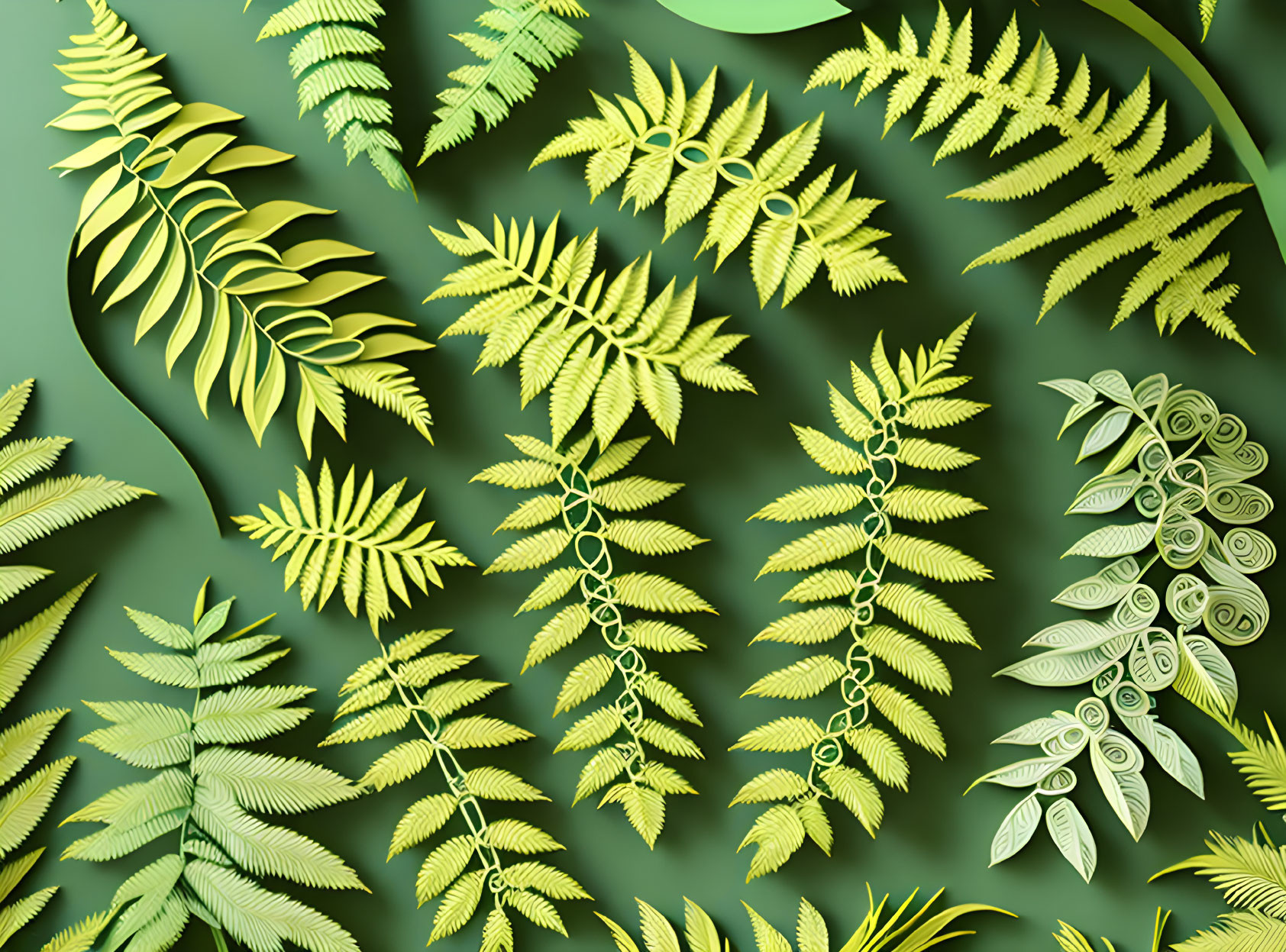 Illustrated Green Fern Leaves on Shaded Background