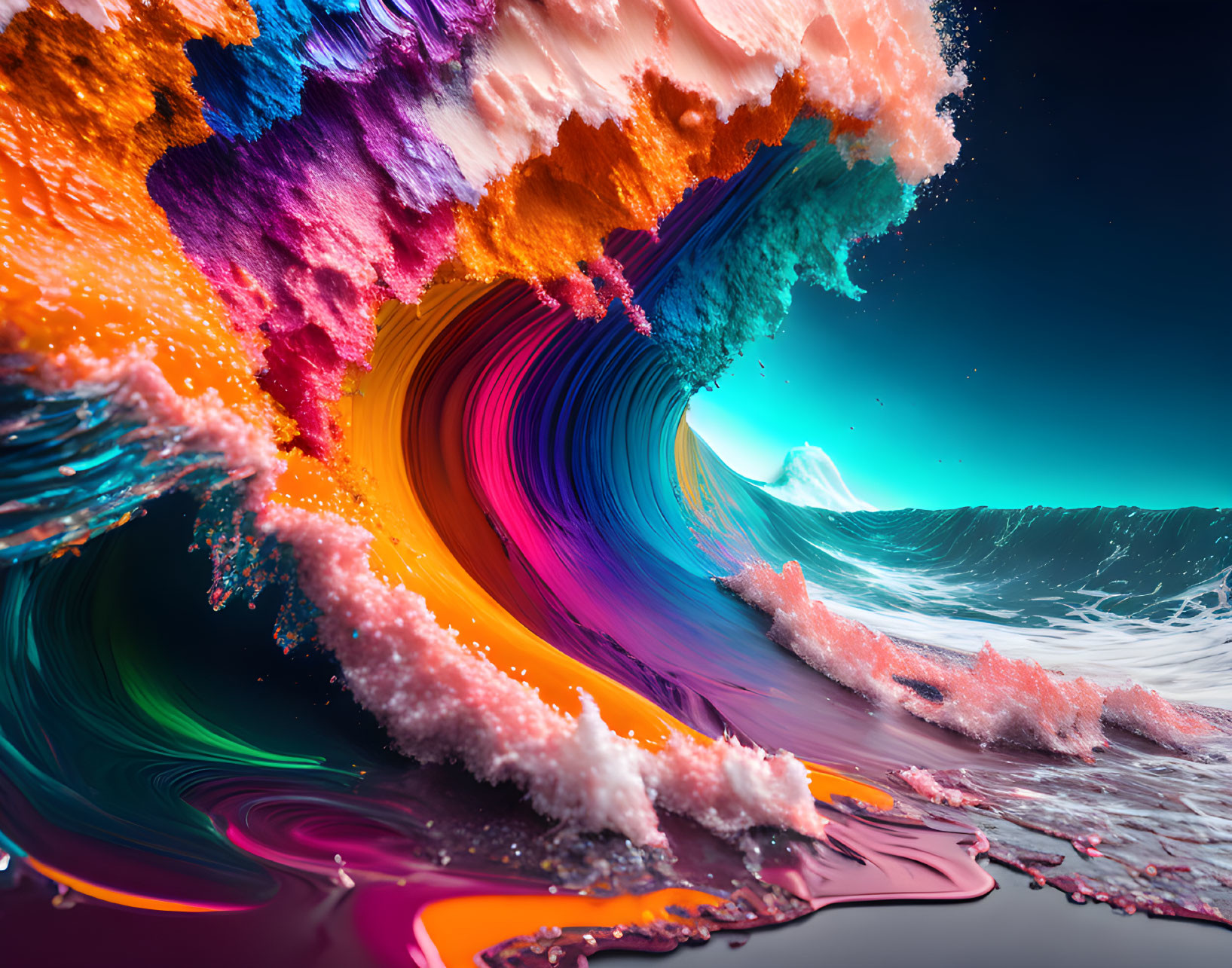 Colorful digitally altered wave crashing in serene ocean backdrop