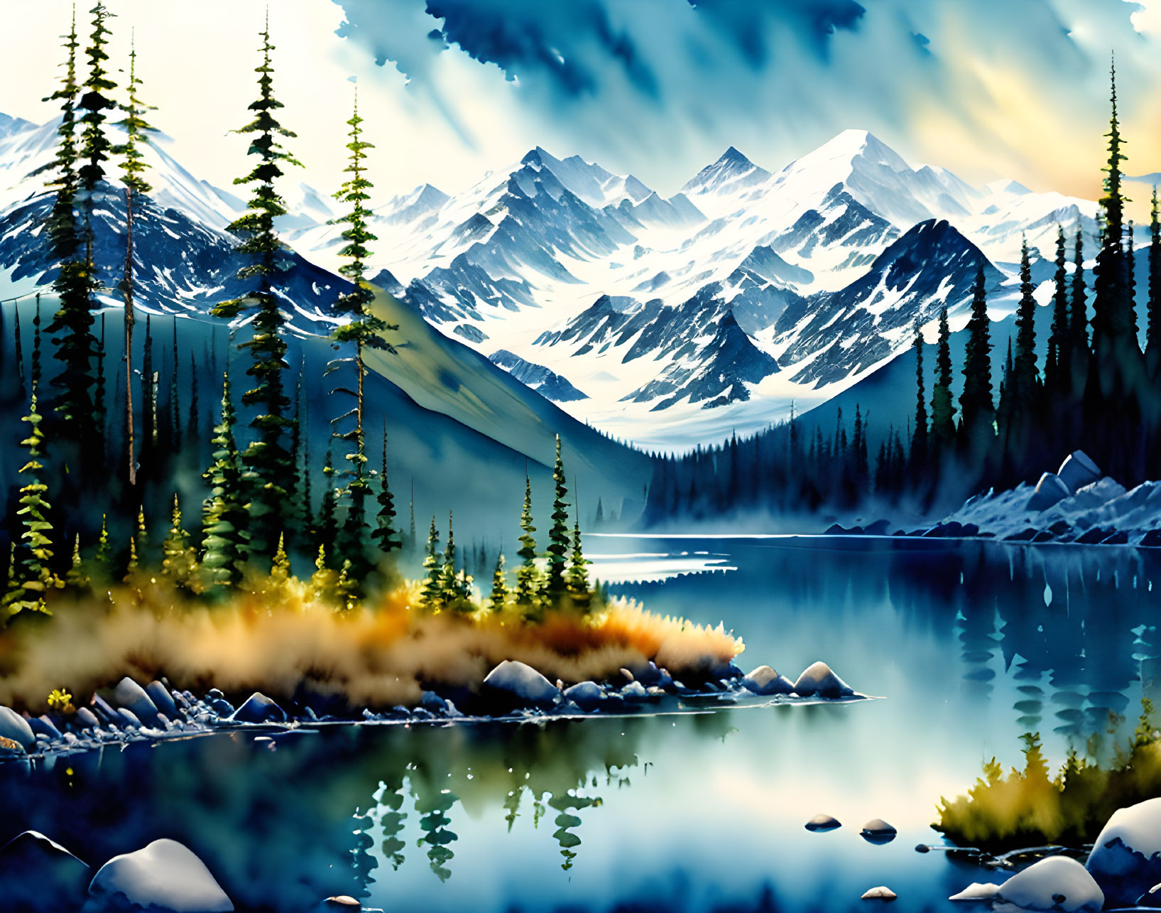 Snowy mountains, evergreen trees, blue lake in serene landscape.