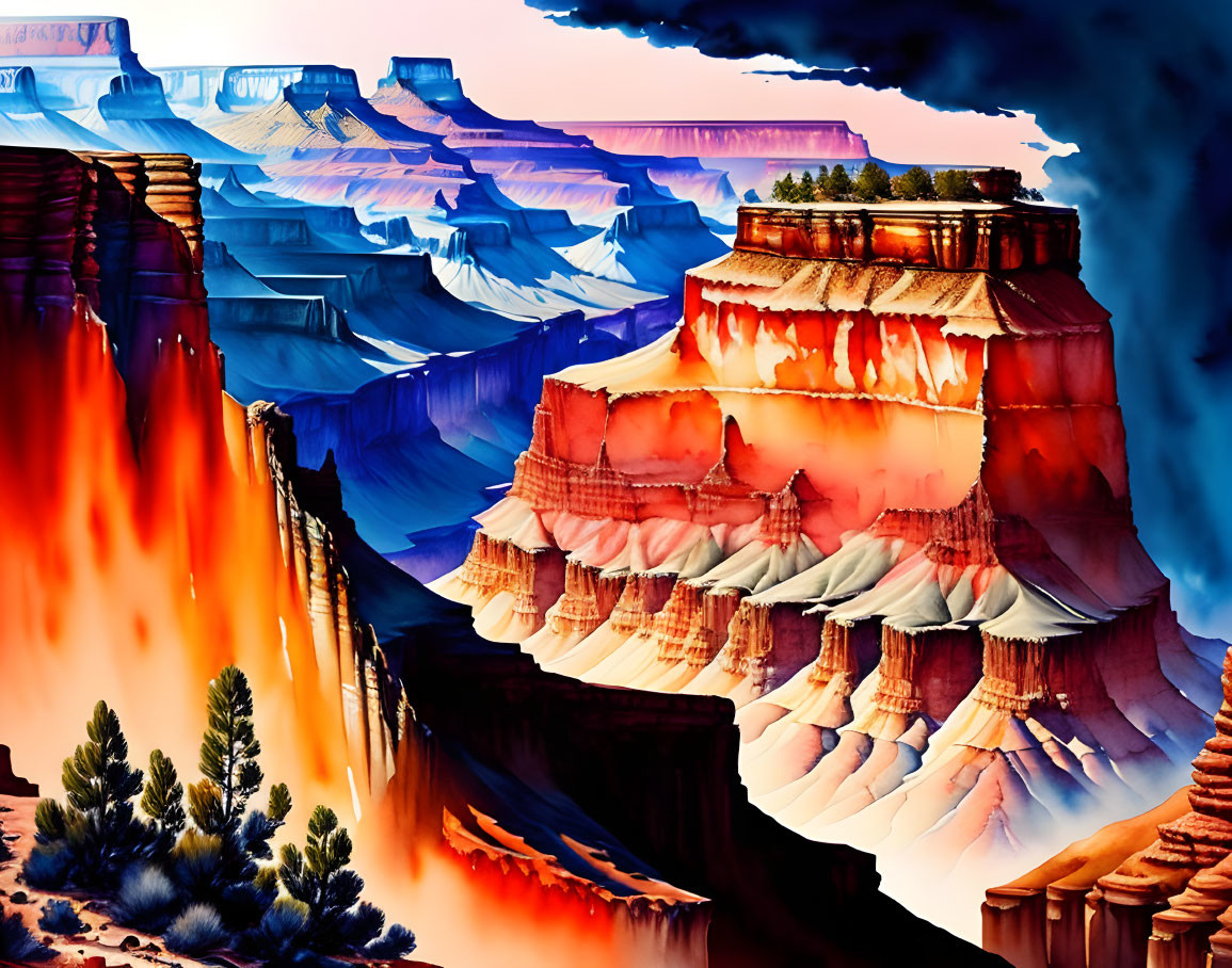 Colorful digital artwork of canyon with red rock formations, blue sky, and greenery.