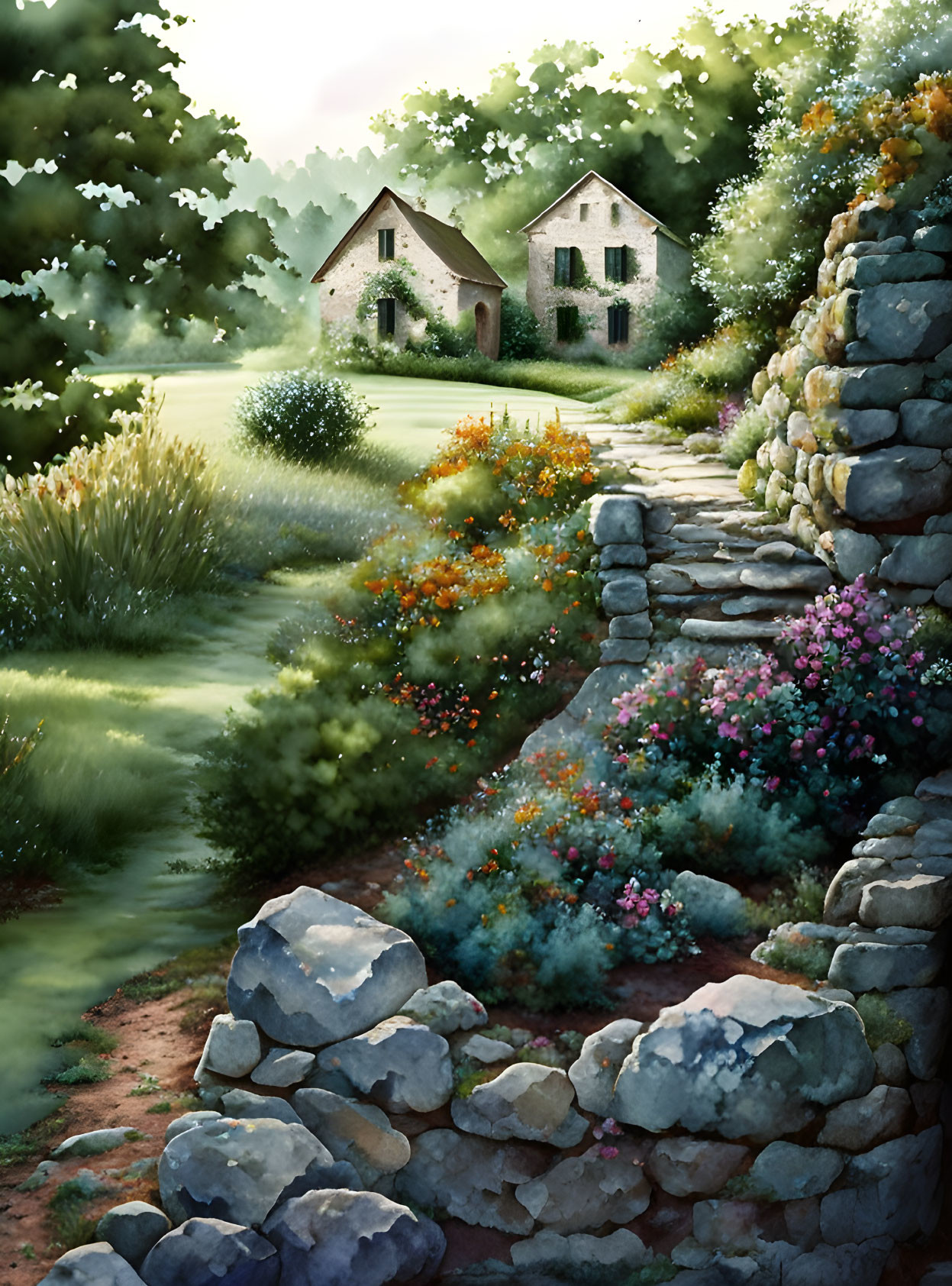 Stone cottages, lush greenery, stone wall, flowers in serene setting