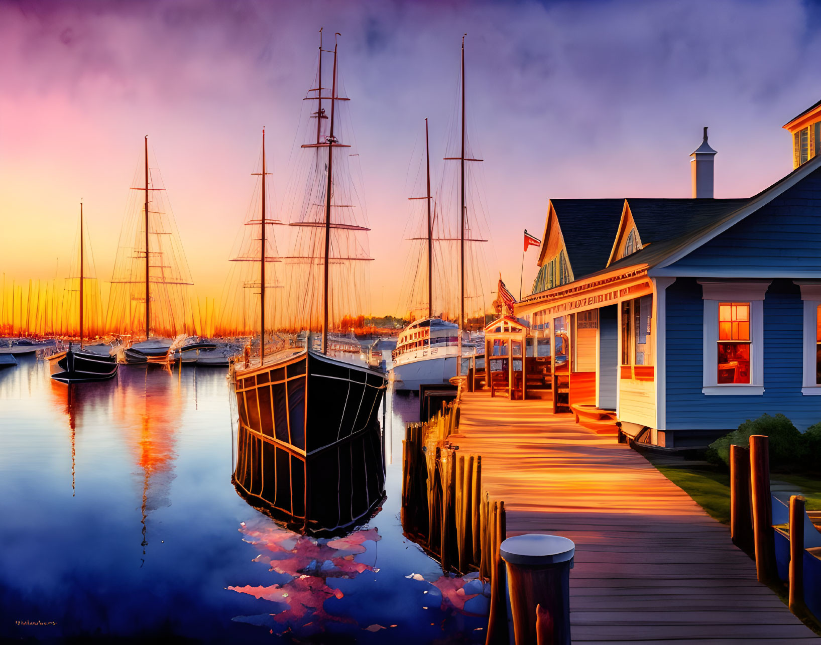 Tranquil marina sunset with sailboats, calm water reflections, vibrant sky, wooden dock.