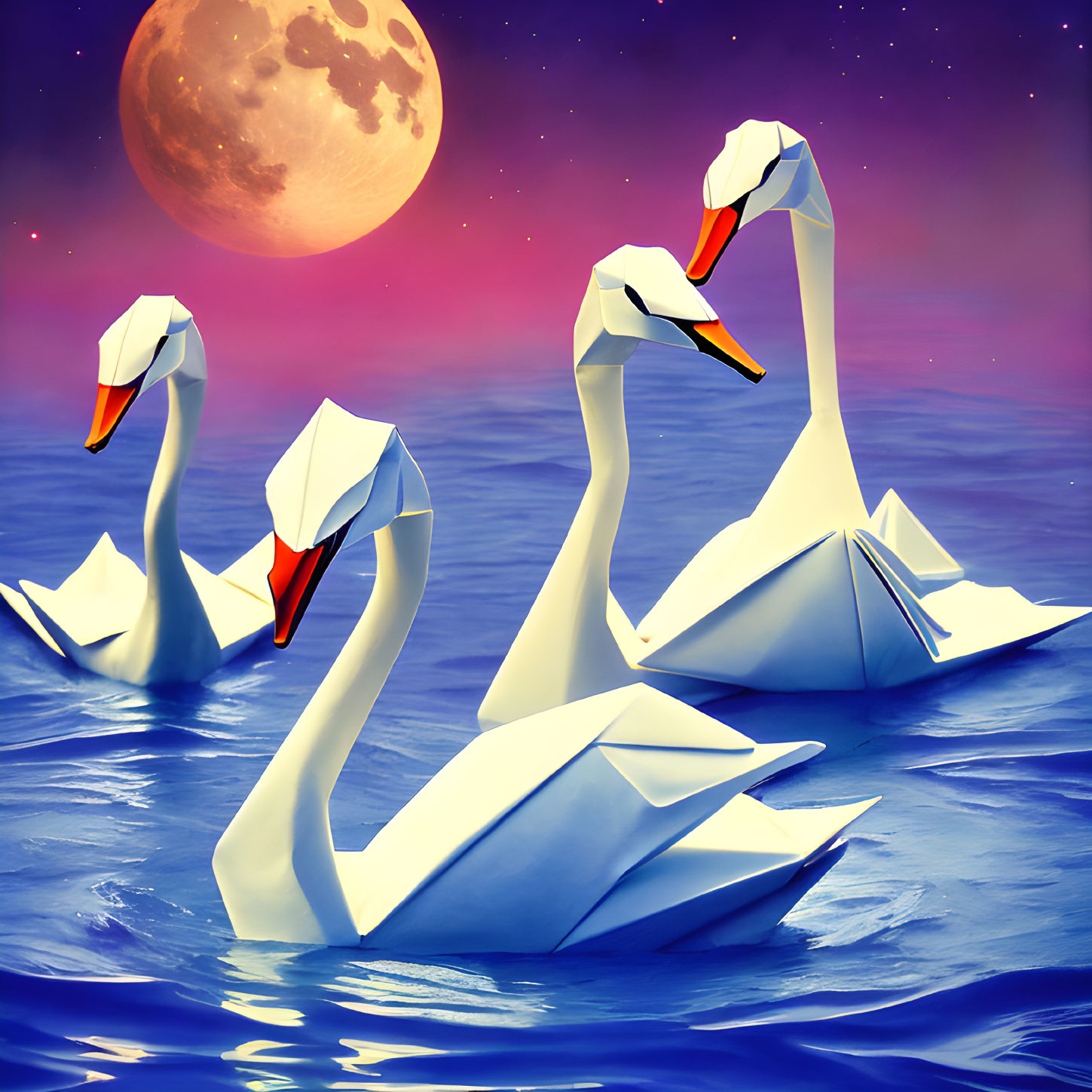 Swan Origami on Water with Purple Sky and Large Moon