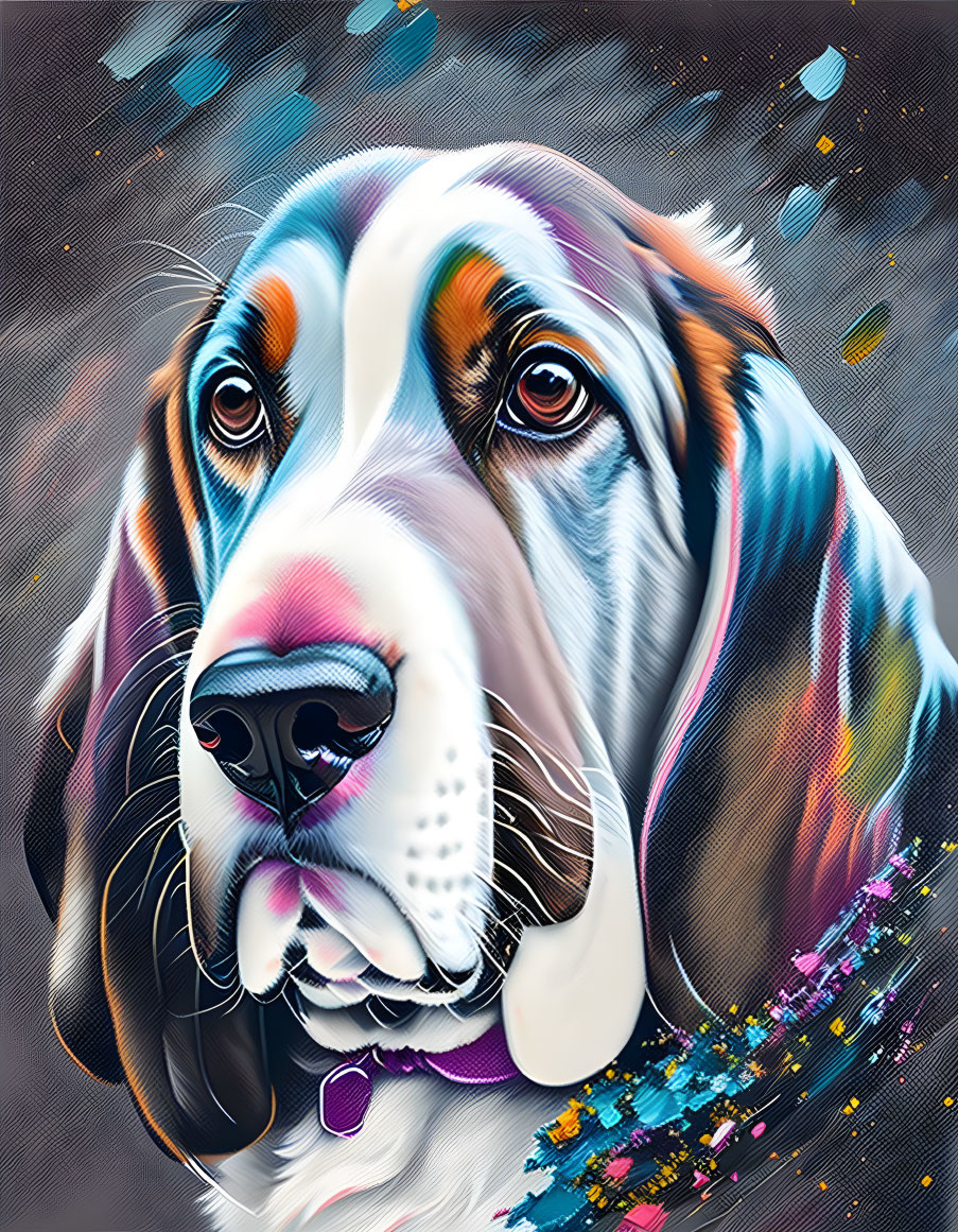 Colorful Digital Artwork: Beagle with Expressive Eyes on Dark Background