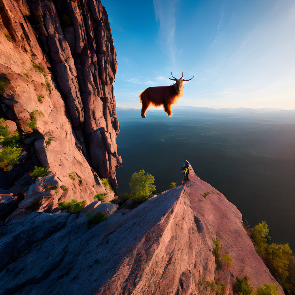 Floating goat with large antlers near cliff observed by person under blue sky