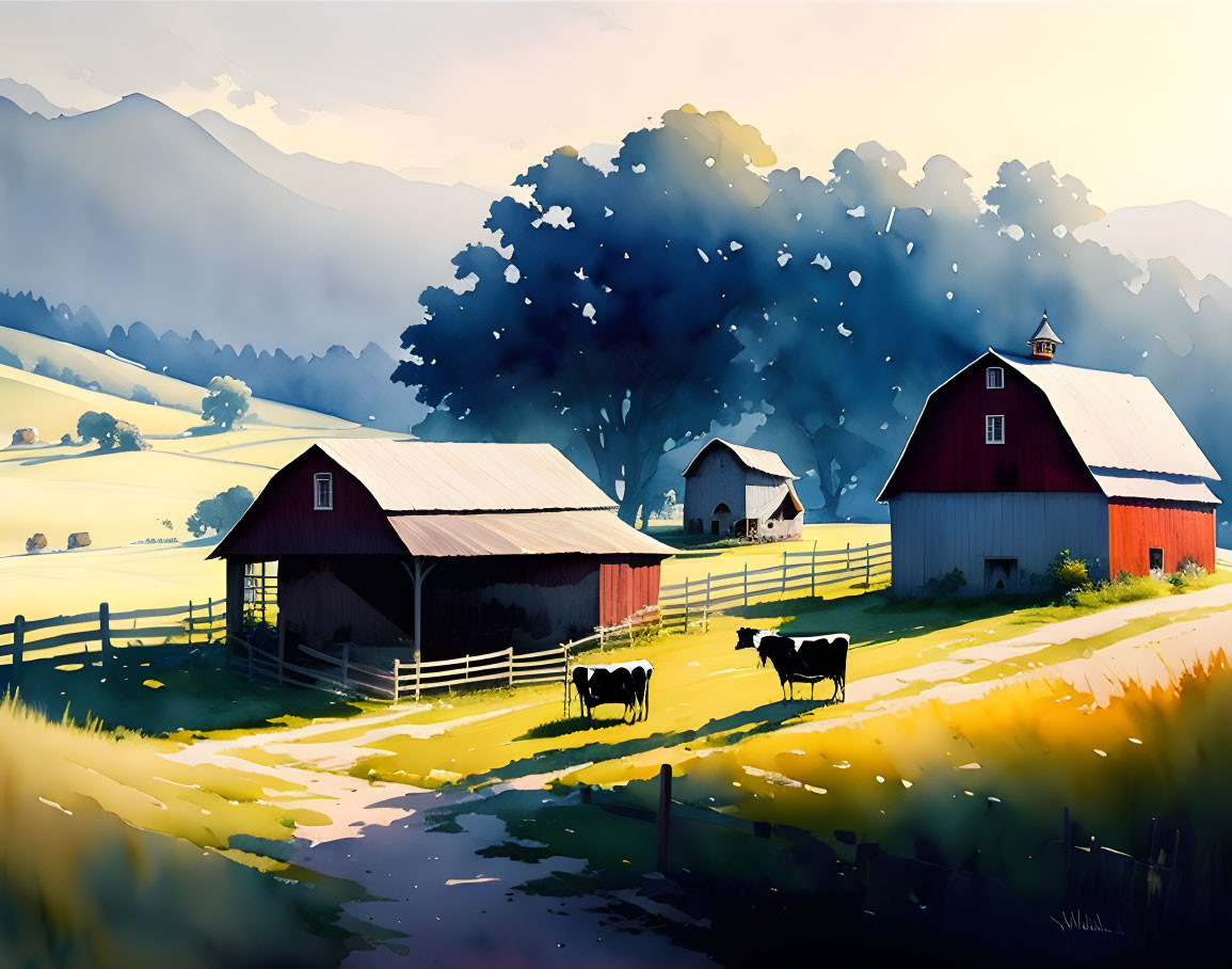 Rural landscape with red barns, wooden fence, cows, and rolling hills.