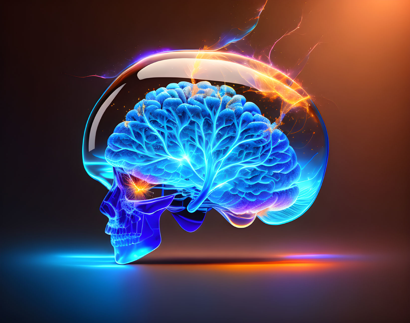 Vibrant blue human brain in transparent skull with energy lines on dark background