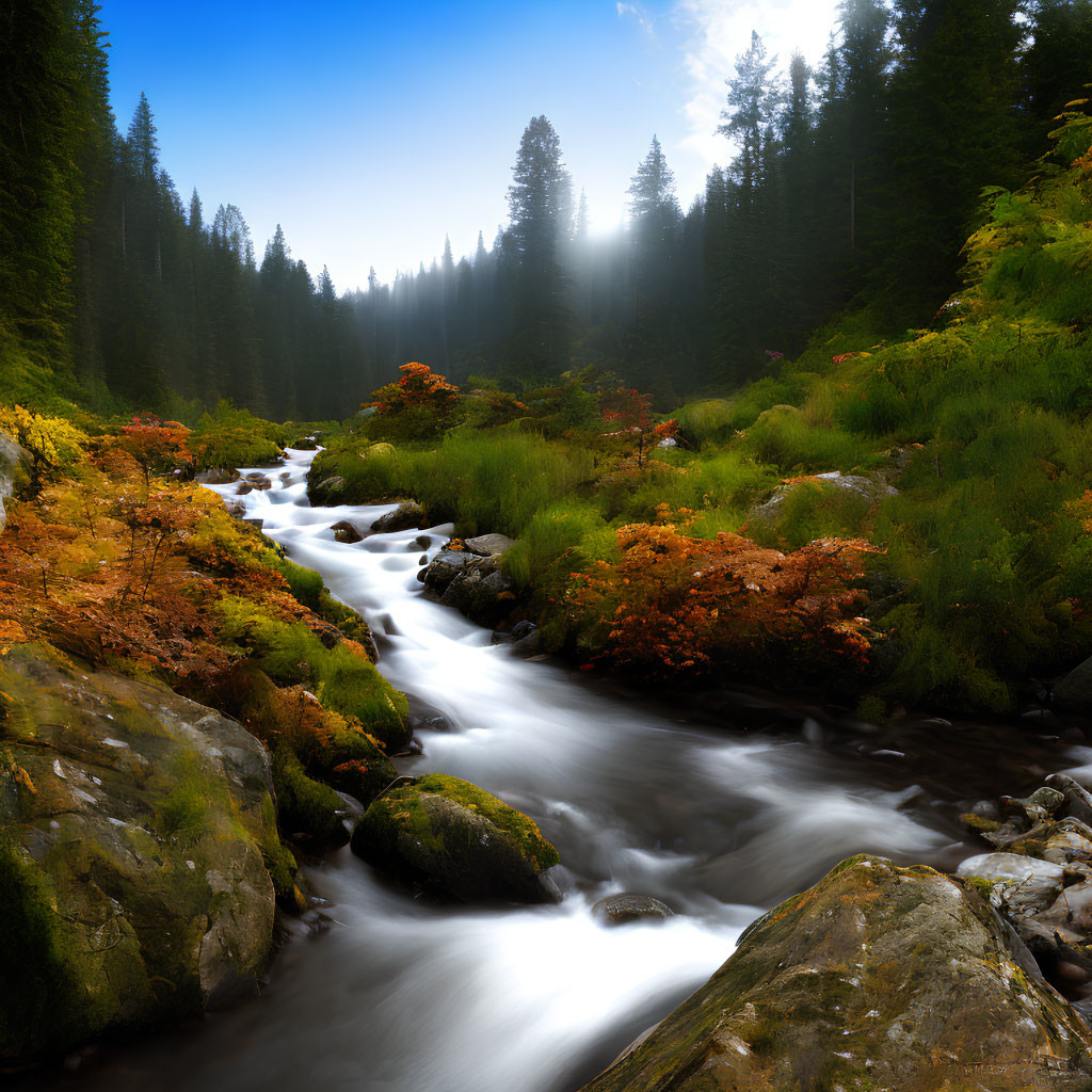 Tranquil forest stream in autumn with sunbeams and mist