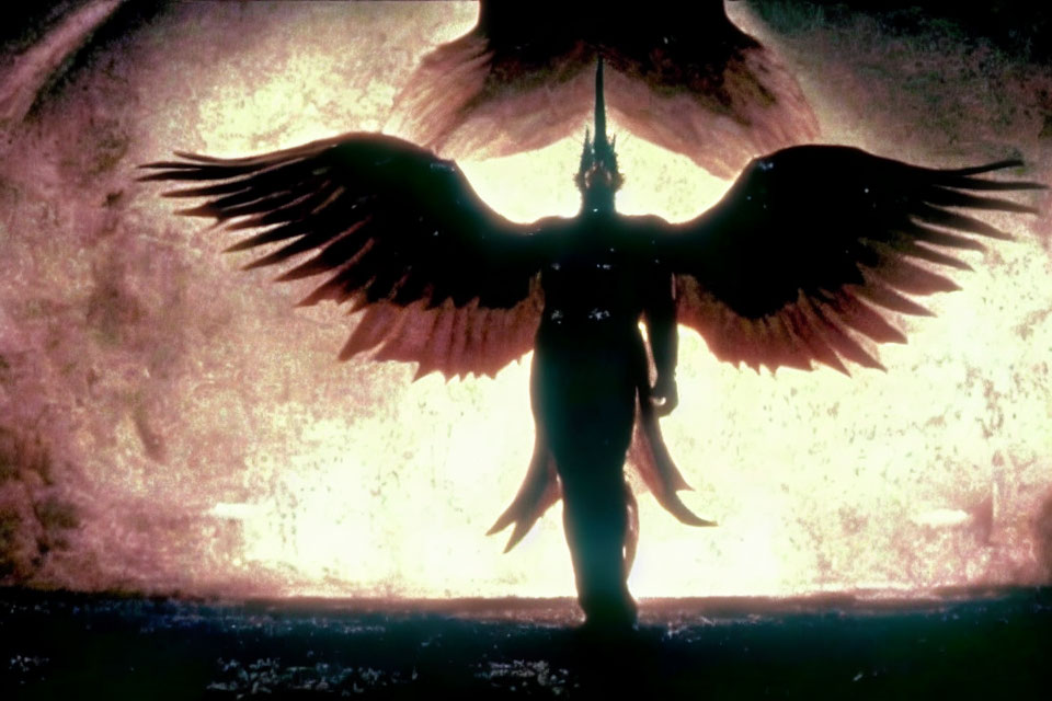 Silhouette of winged figure on luminous background