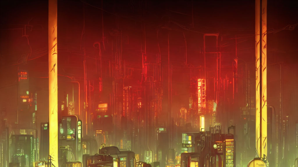 Dystopian cityscape with red and yellow glow and tall buildings