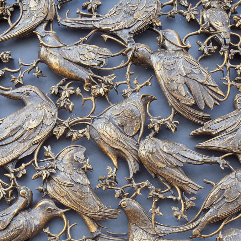 Bronze bas-relief of birds on branches with leaves and flowers