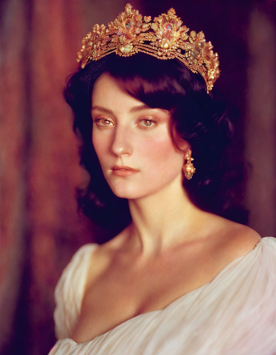 Regal woman in gold crown and white gown gazes contemplatively.