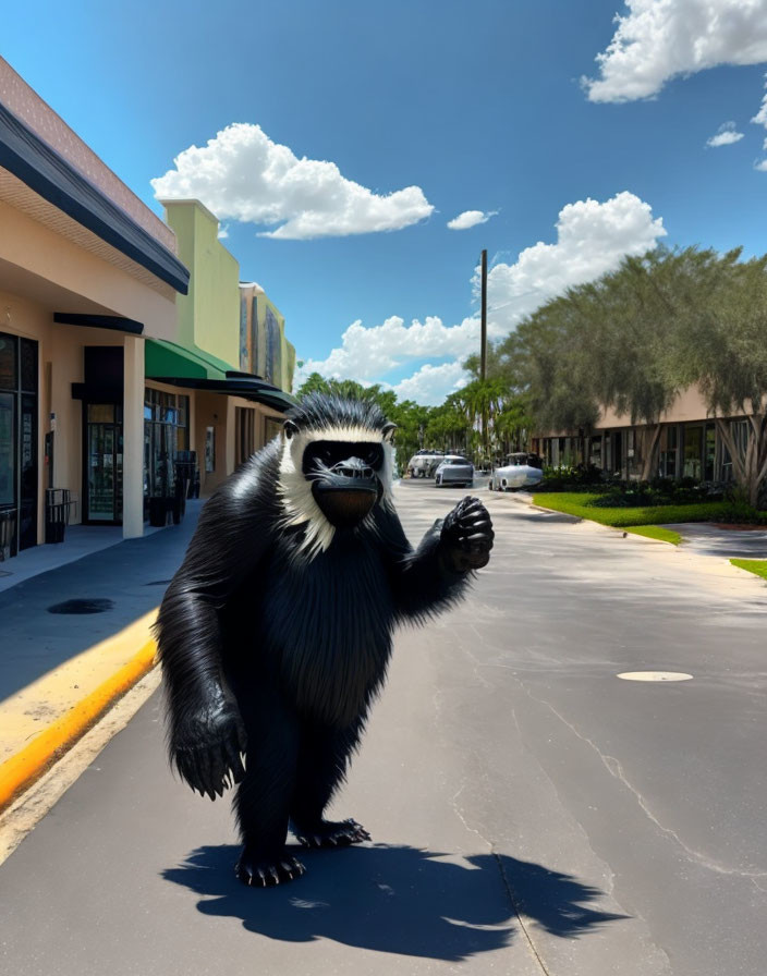 Gorilla costume person waving in sunny parking lot