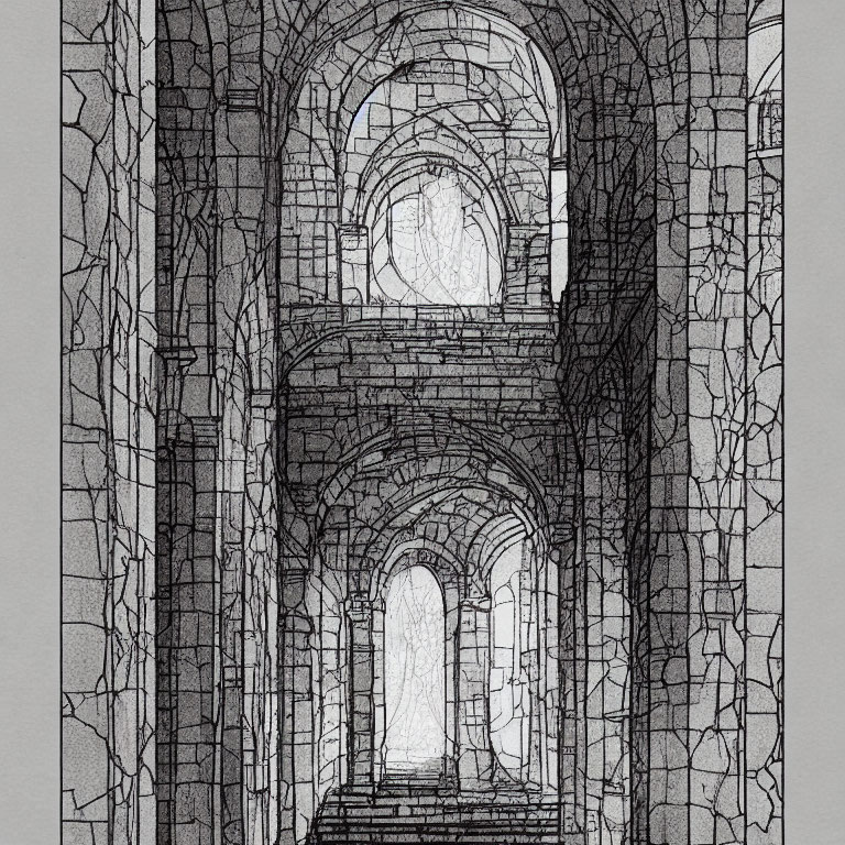 Monochrome sketch of grand, deteriorating interior with arches and detailed stonework.