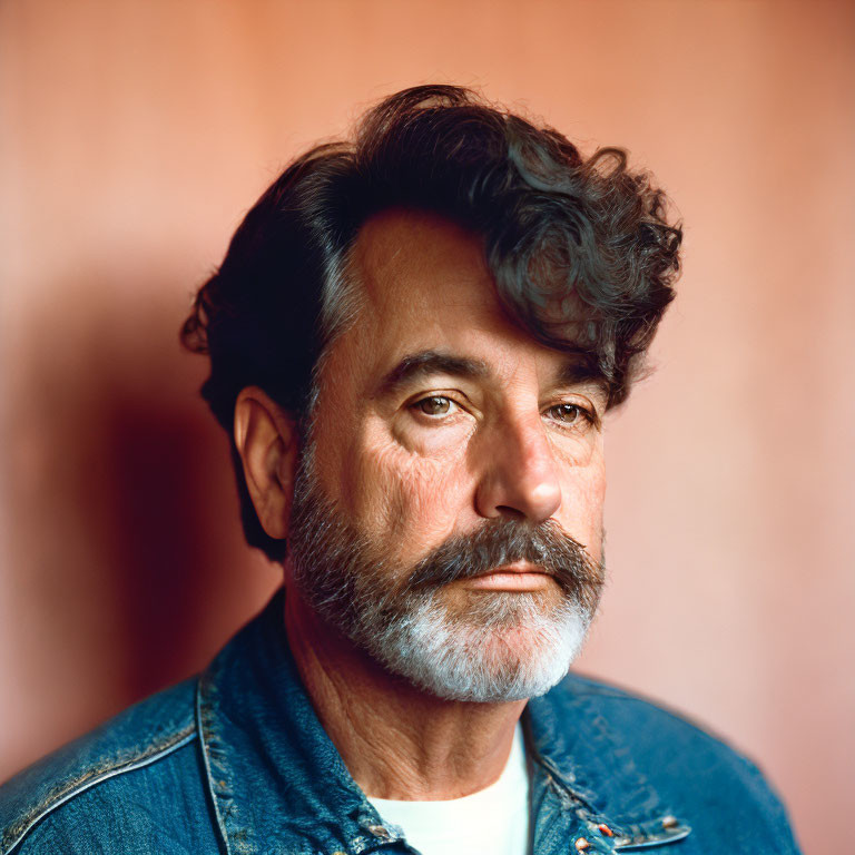 Salt-and-pepper man in denim jacket against soft backdrop