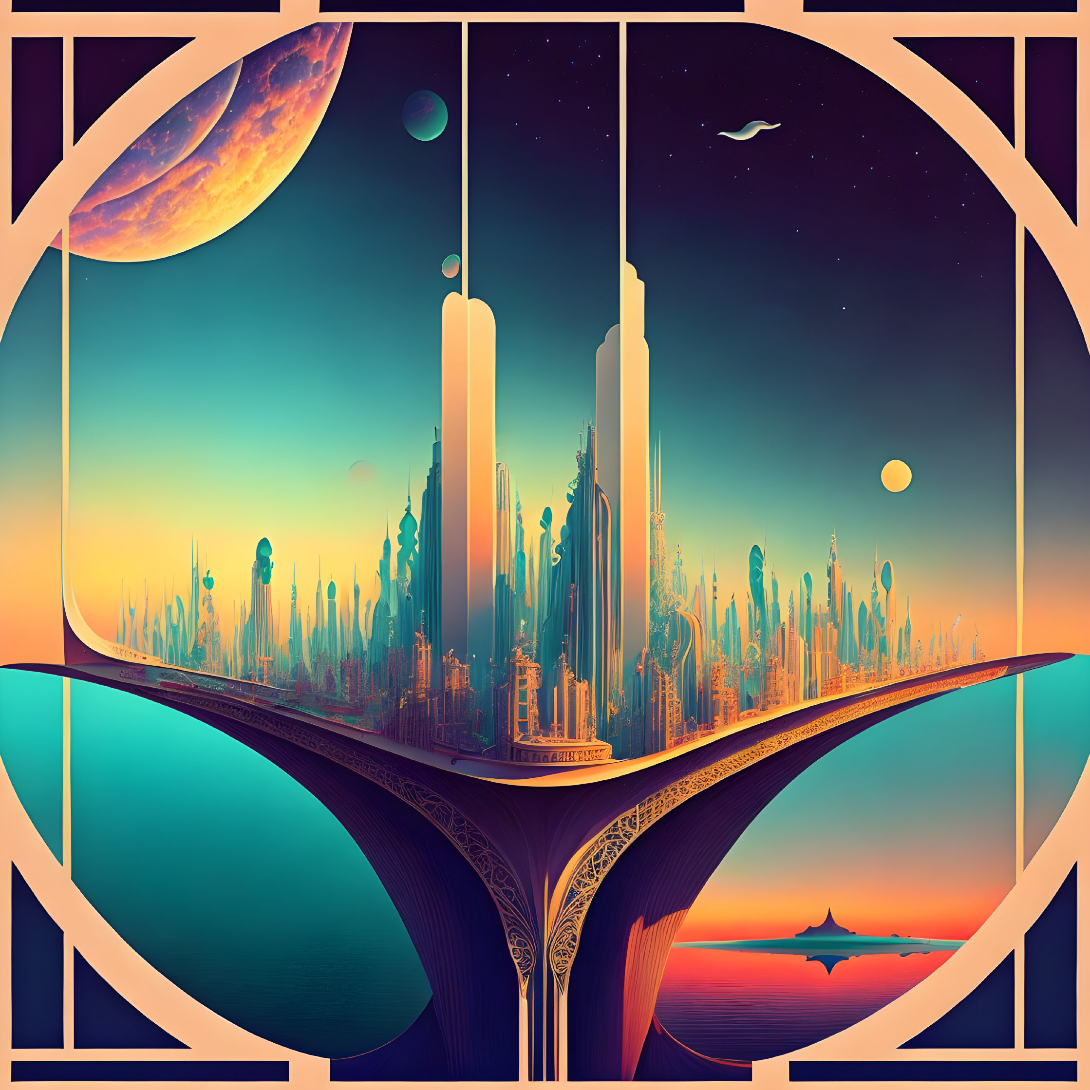 Futuristic cityscape with tall spires and floating islands in circular art deco border