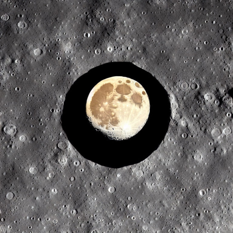 Full Moon Superimposed on Gray Cratered Lunar Surface