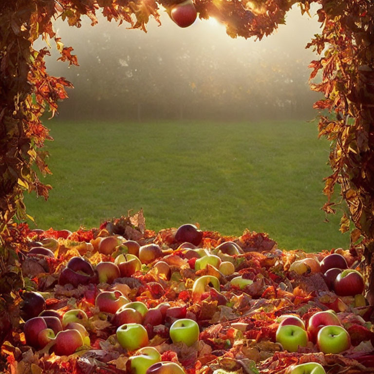 Sunlit Autumnal Scene: Apples and Leaves on Grassy Field