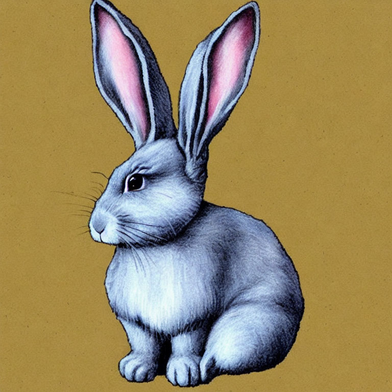 Grey Rabbit with Long Pink Ears on Yellow Background