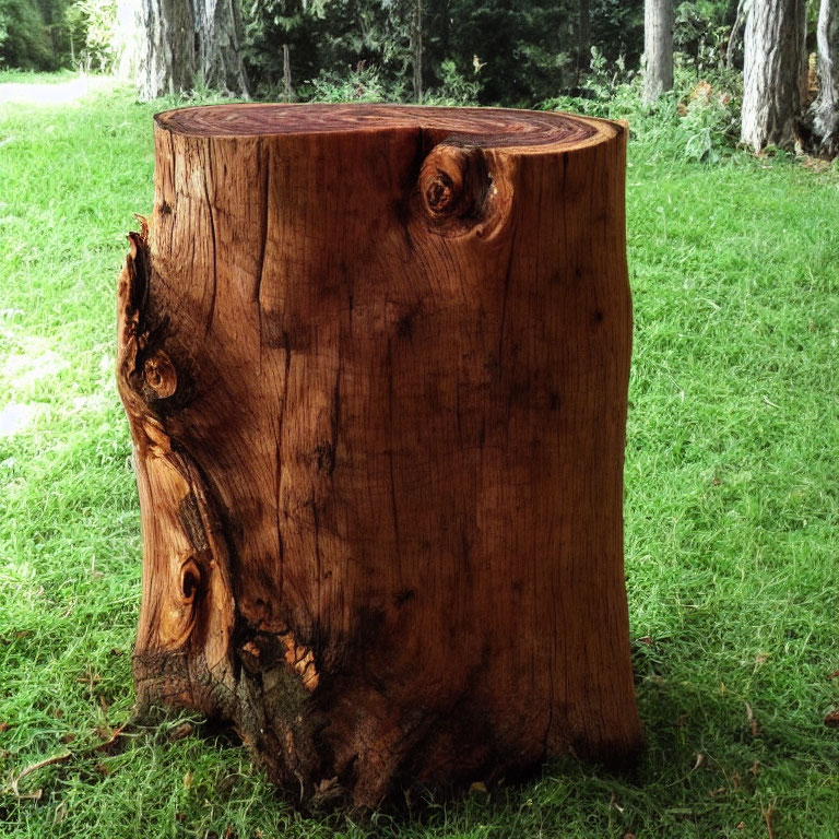 Rich Brown Tree Stump Surrounded by Green Grass in Forest