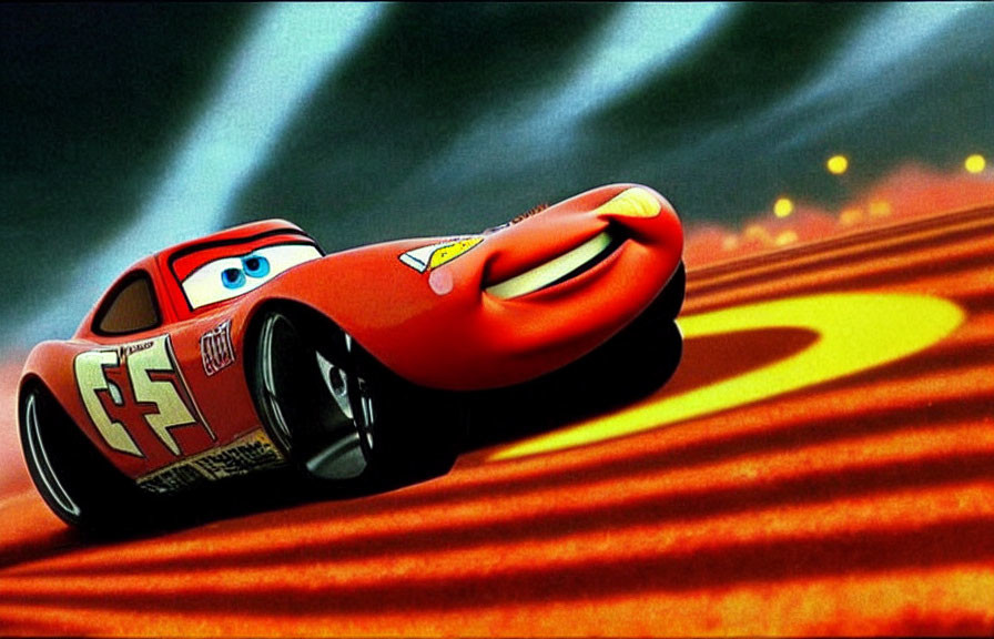Red animated race car with number 95 and lightning bolt graphics speeds on track.