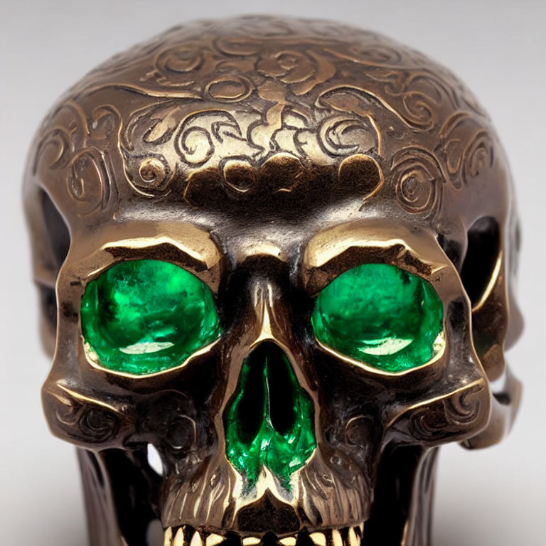 Bronze Skull with Floral Patterns and Green Eyes