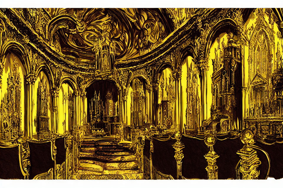 Detailed Gothic architecture in ornate golden interior