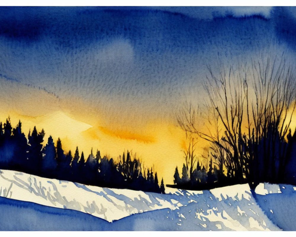 Watercolor landscape of sunset with silhouetted trees and snowy foreground