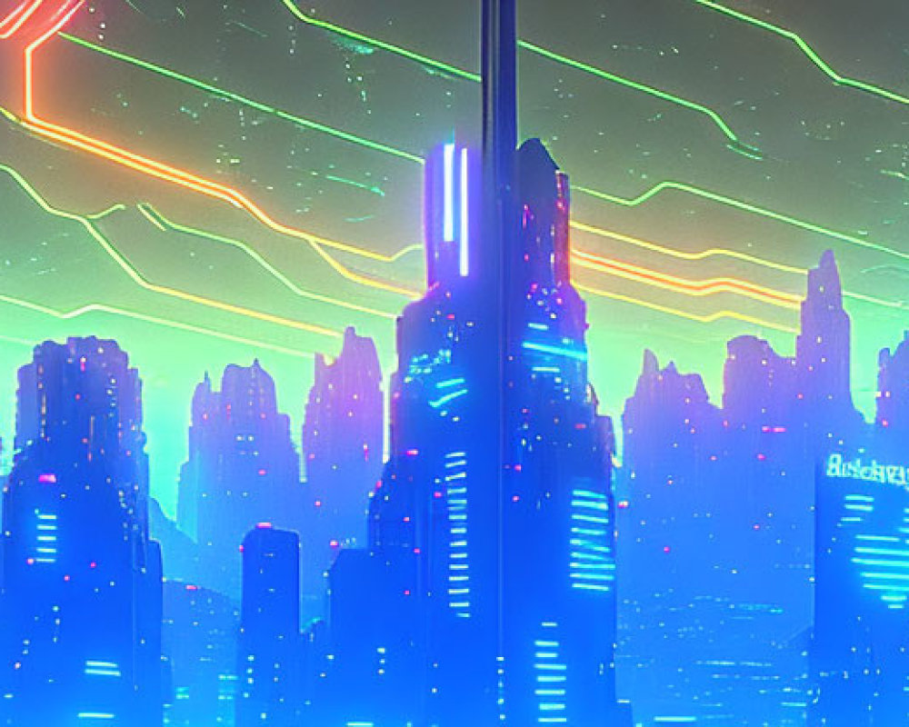 Vibrant neon-lit futuristic cityscape with towering skyscrapers under colorful sky