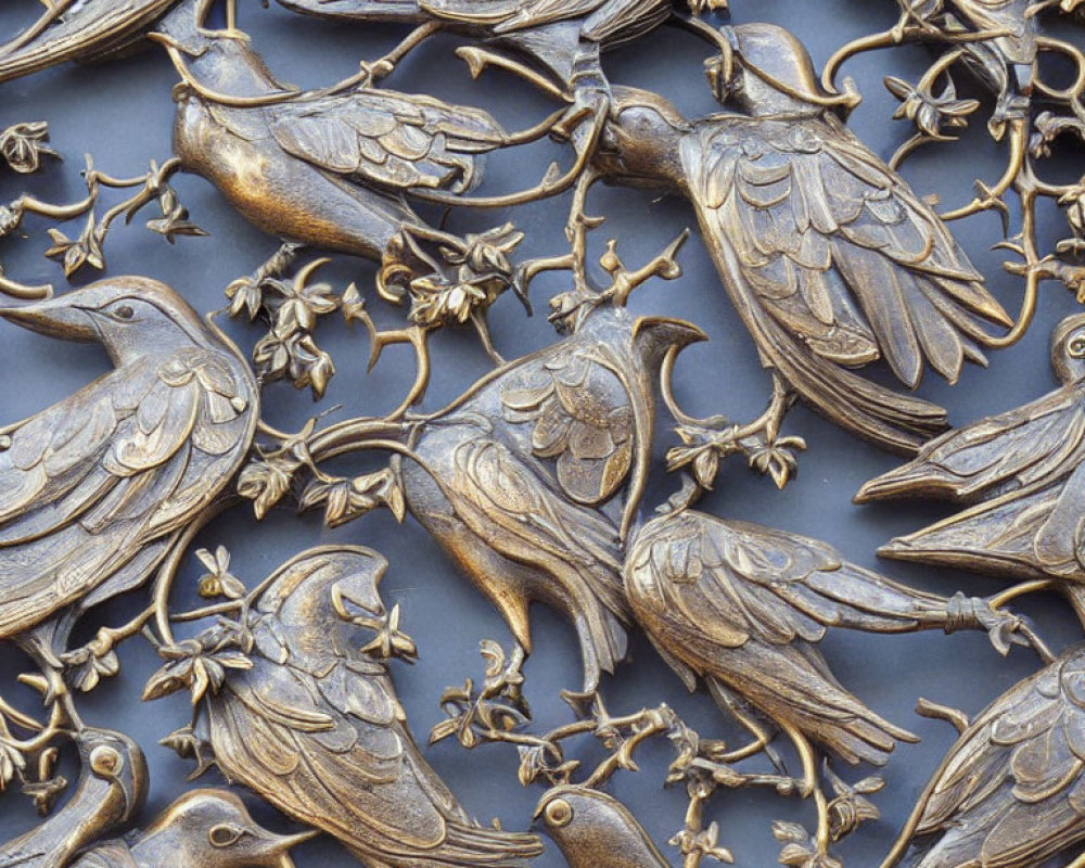 Bronze bas-relief of birds on branches with leaves and flowers