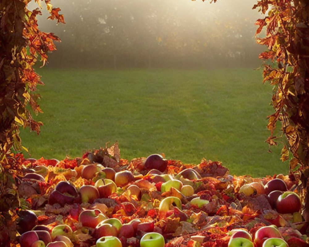 Sunlit Autumnal Scene: Apples and Leaves on Grassy Field