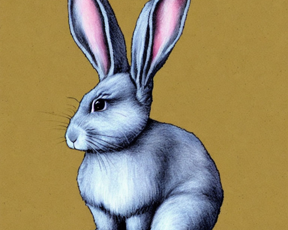 Grey Rabbit with Long Pink Ears on Yellow Background